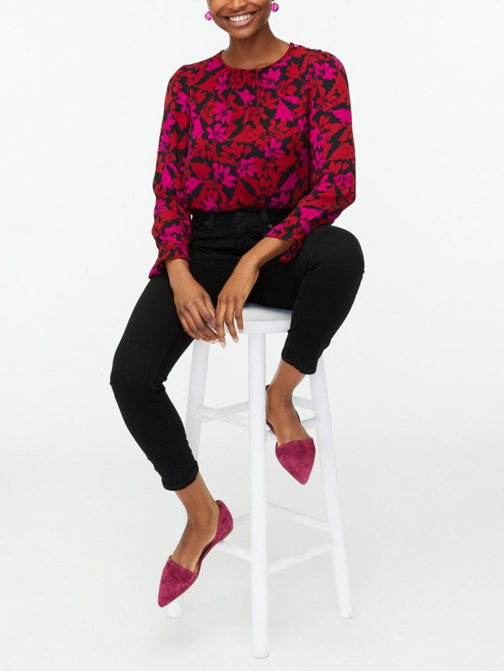 NWT J. Crew Size Large Red Fuchsia Pink Floral Button-Neck Top with Ruffle NEW - Picture 3 of 4